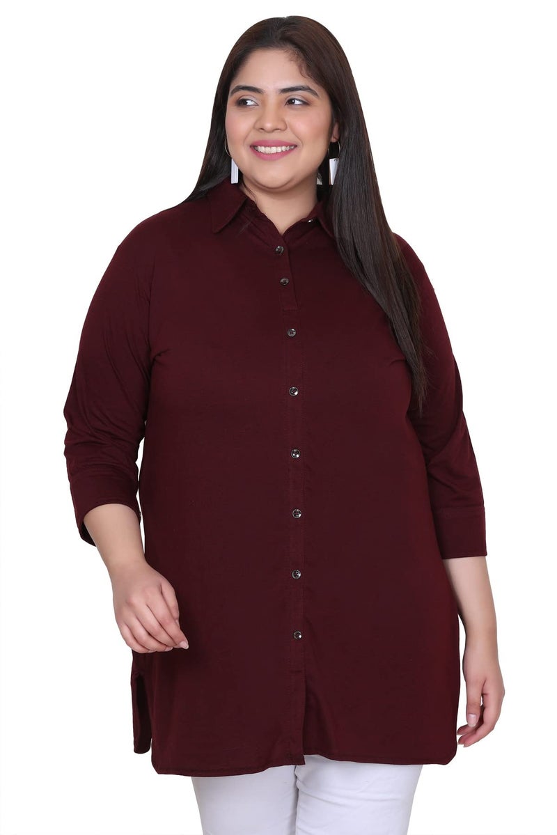 In Love Women's Cotton Plus Size Office Wear Longline Solid Modern Fit Casual Shirt,Burgundy Mixture,2XL - Image 1