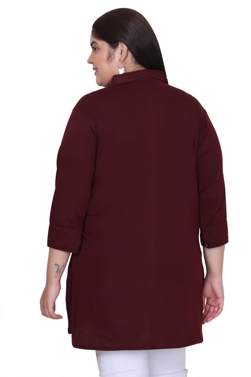 In Love Women's Cotton Plus Size Office Wear Longline Solid Modern Fit Casual Shirt,Burgundy Mixture,2XL - Image 3