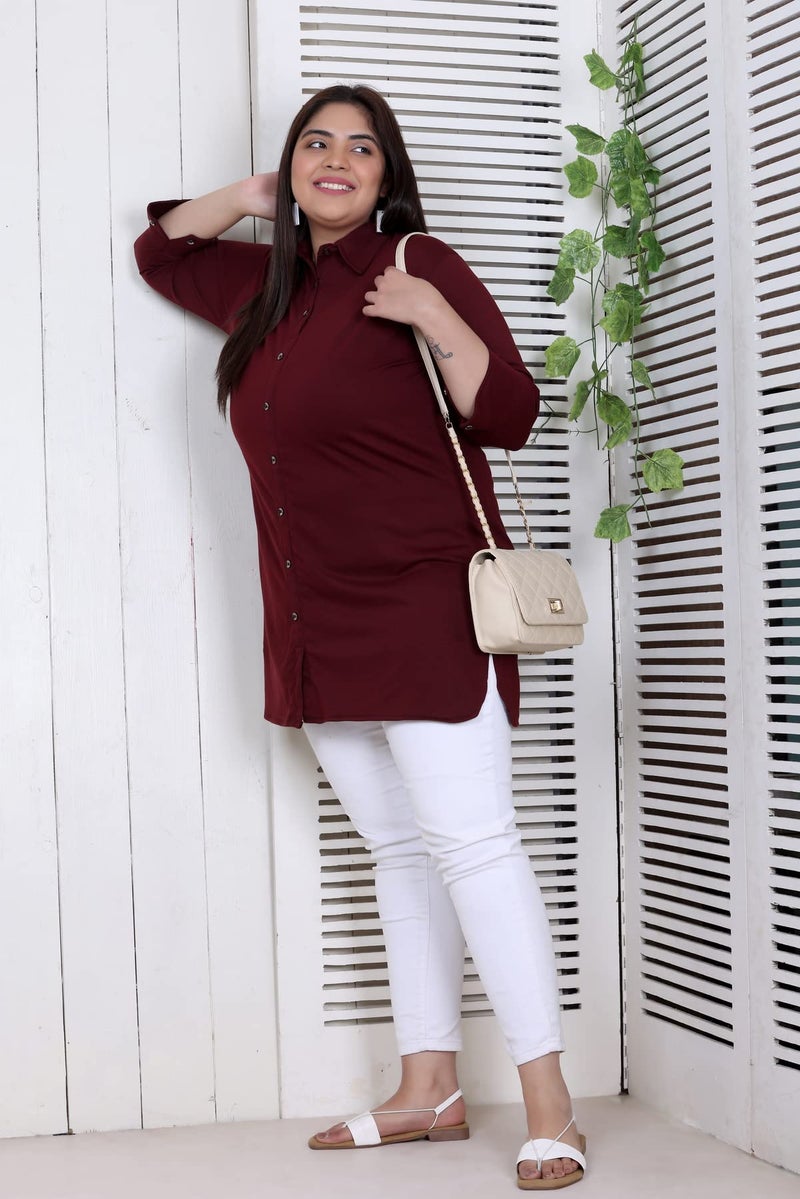In Love Women's Cotton Plus Size Office Wear Longline Solid Modern Fit Casual Shirt,Burgundy Mixture,2XL - Image 2