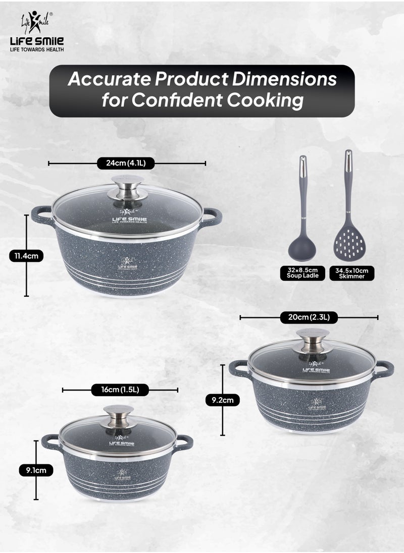 Life Smile Nonstick Cookware Set 8 pcs Cookwares with Stainless steel rim-Oven safe Pots and Pans set-Granite Coating Cooking Pots set Includes 16cmx1.5L Casserole with Lid, 20cmx2.3LCasserole with Lid, , 24cmx4.1L Casserole with Lid & 2pcs Silicone Utensils Contains 32x8.5cm Soup ladle & 34.5x10cm Skimmer  - Image 3