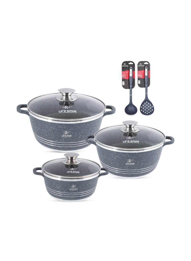 Life Smile Nonstick Cookware Set 8 pcs Cookwares with Stainless steel rim-Oven safe Pots and Pans set-Granite Coating Cooking Pots set Includes 16cmx1.5L Casserole with Lid, 20cmx2.3LCasserole with Lid, , 24cmx4.1L Casserole with Lid & 2pcs Silicone Utensils Contains 32x8.5cm Soup ladle & 34.5x10cm Skimmer  - Image 1