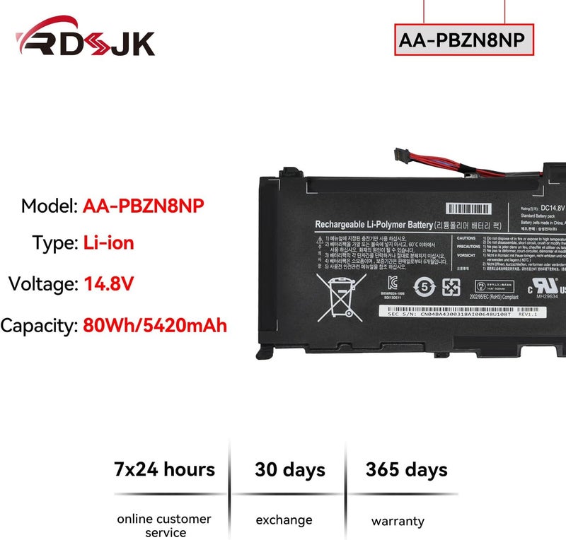AA-PBZN8NP PBZN8NP Laptop Battery for Samsung Series 7 Notebook NP-700 NP-700Z NP700Z7C NP700Z5C NP700Z5A NP700Z5B NP700Z5AH NP770Z7E NP700Z7A NP770Z7E-S01DE NP700Z5AH-S01 NP700Z5B-S01UB 14.8V 80Wh - Image 2
