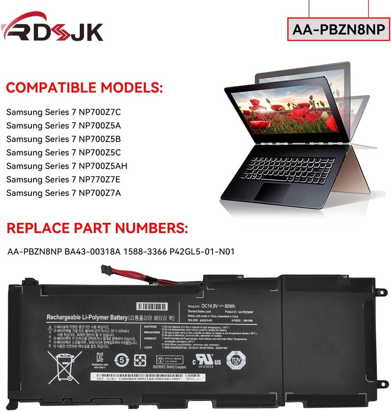 AA-PBZN8NP PBZN8NP Laptop Battery for Samsung Series 7 Notebook NP-700 NP-700Z NP700Z7C NP700Z5C NP700Z5A NP700Z5B NP700Z5AH NP770Z7E NP700Z7A NP770Z7E-S01DE NP700Z5AH-S01 NP700Z5B-S01UB 14.8V 80Wh - Image 3