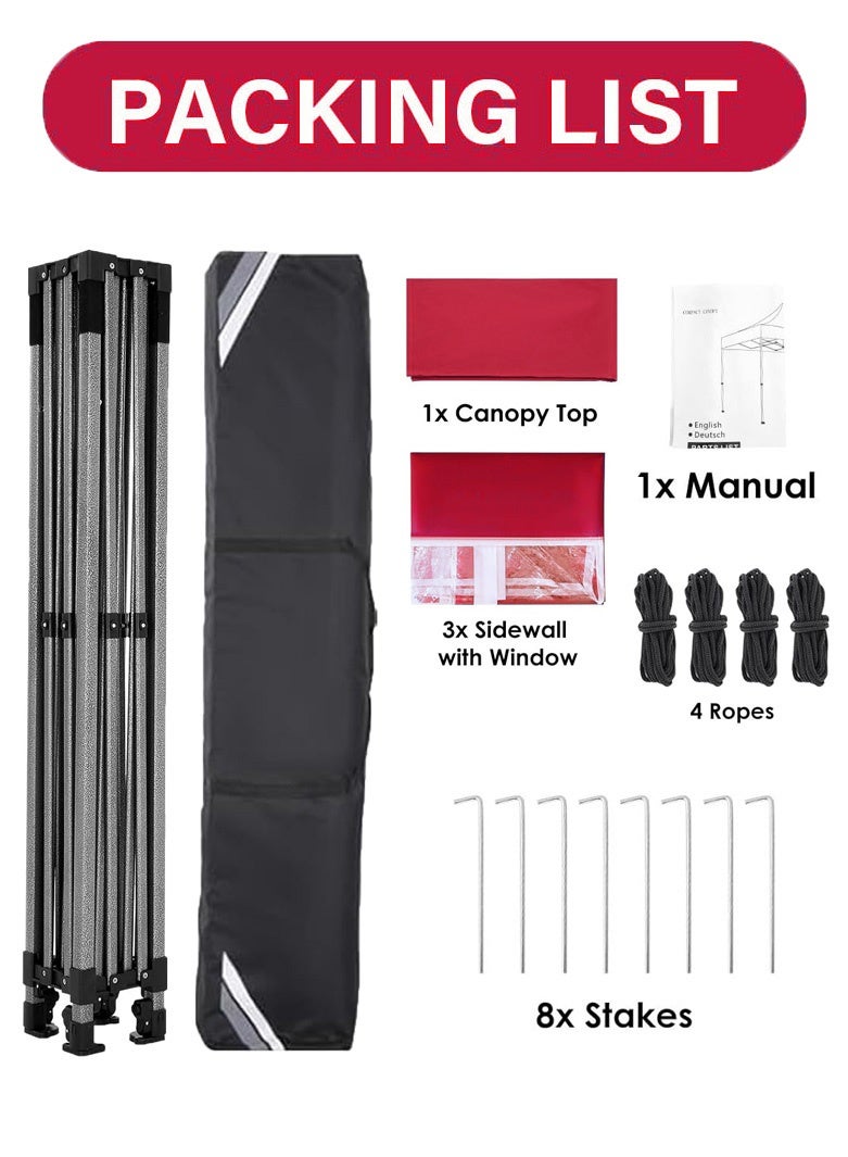 السيميا شرفة المراقبة، مظلة، خيمة مظلة قابلة للإسقاط في الهواء الطلق، 3 × 3 م، إطار فولاذي قوي جداً، مقاوم للماء، حماية من أشعة الشمس فوق البنفسجية UPF 50، مع 3 جدران جانبية، لونها أحمر. - Image 3