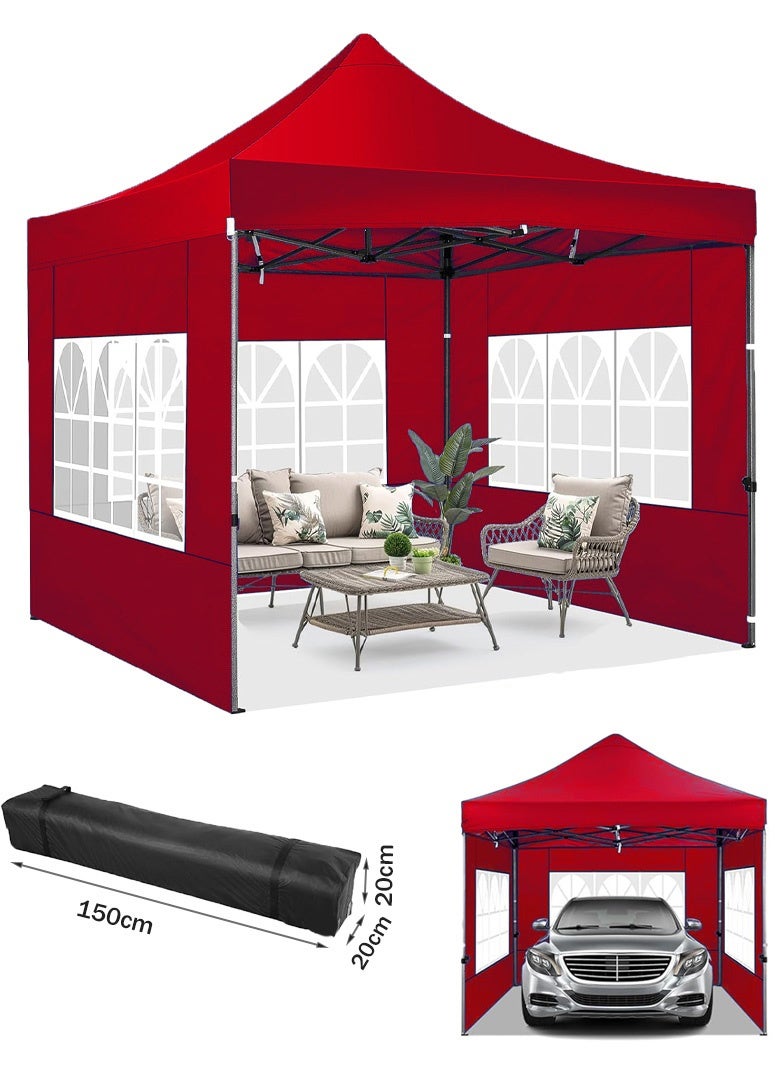 السيميا شرفة المراقبة، مظلة، خيمة مظلة قابلة للإسقاط في الهواء الطلق، 3 × 3 م، إطار فولاذي قوي جداً، مقاوم للماء، حماية من أشعة الشمس فوق البنفسجية UPF 50، مع 3 جدران جانبية، لونها أحمر. - Image 1