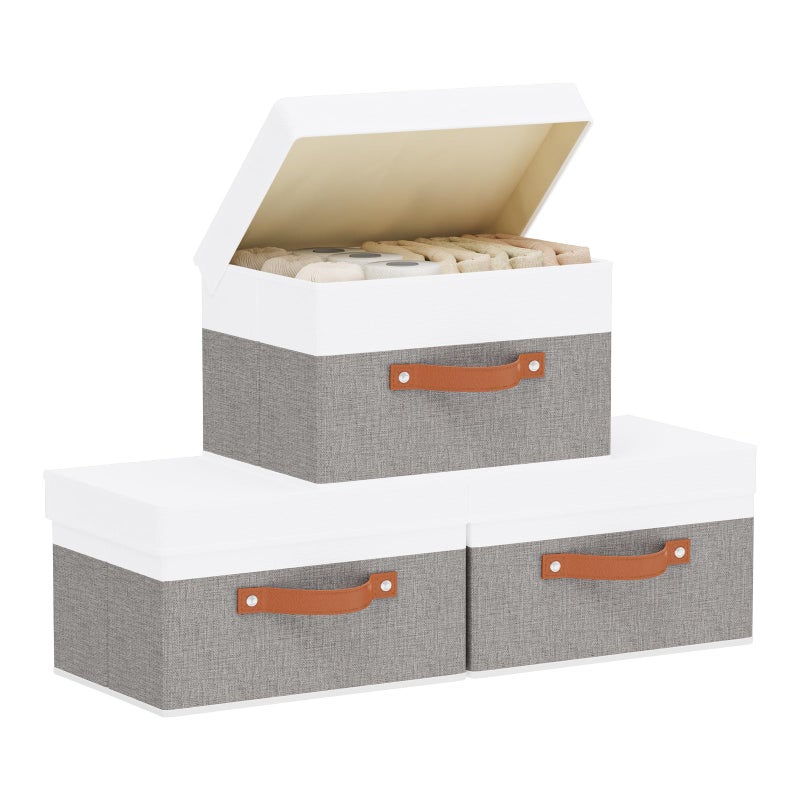 YheenLf Storage Baskets with Lids, Closet Organizer Boxes, Foldable Shelves Storage Bins with Handles, White and Grey, 3 Pack, 13 x 9.1 x 7.9 Inch - Image 1