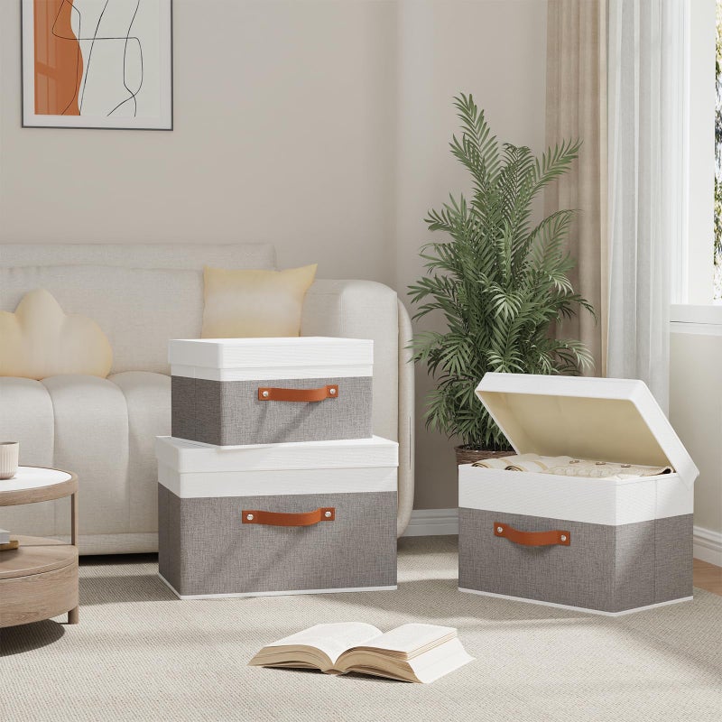 YheenLf Storage Baskets with Lids, Closet Organizer Boxes, Foldable Shelves Storage Bins with Handles, White and Grey, 3 Pack, 13 x 9.1 x 7.9 Inch - Image 3