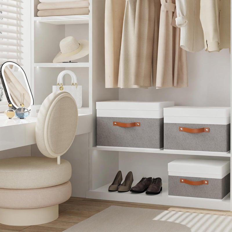 YheenLf Storage Baskets with Lids, Closet Organizer Boxes, Foldable Shelves Storage Bins with Handles, White and Grey, 3 Pack, 13 x 9.1 x 7.9 Inch - Image 4