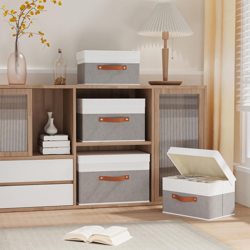 YheenLf Storage Baskets with Lids, Closet Organizer Boxes, Foldable Shelves Storage Bins with Handles, White and Grey, 3 Pack, 13 x 9.1 x 7.9 Inch - Image 2