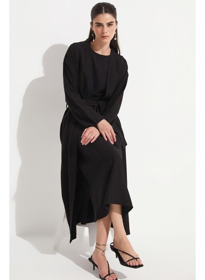 جون طقم فستان كيمونو من مزيج المودال حصري يونيو أسود - Image 3