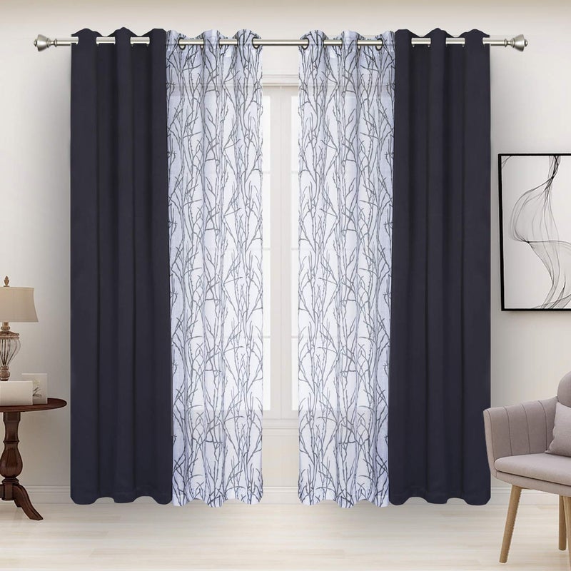 BONZER Mix and Match Curtains  2 Pieces Branch Print Sheer Curtains and 2 Pieces Blackout Curtains for Bedroom Living Room Grommet Window Drapes 37x84 InchPanel Grey Dark Set of 4 Panels