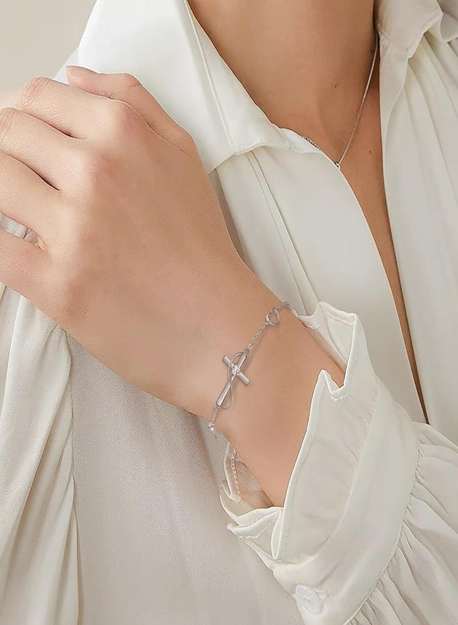 FANZE 925 Sterling Silver Cubic Zirconia Faith Hope Love Cross Bracelet for Women Dainty Jewelry Gift for Christmas Valentine Birthday Mother's Day Clear Sliver-Tone - Image 2