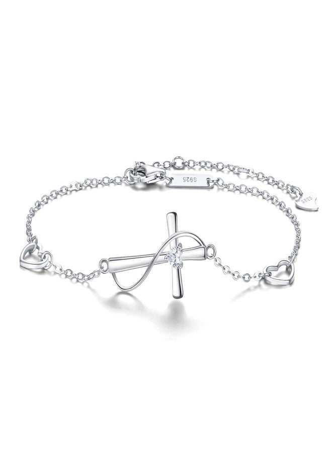 FANZE 925 Sterling Silver Cubic Zirconia Faith Hope Love Cross Bracelet for Women Dainty Jewelry Gift for Christmas Valentine Birthday Mother's Day Clear Sliver-Tone - Image 1