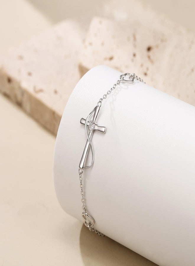 FANZE 925 Sterling Silver Cubic Zirconia Faith Hope Love Cross Bracelet for Women Dainty Jewelry Gift for Christmas Valentine Birthday Mother's Day Clear Sliver-Tone - Image 4