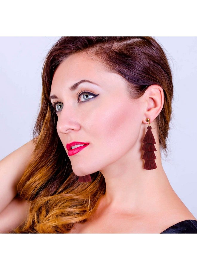 BaubleStar - Fashion Gold Maroon Tassel Dangle Earrings Layered Long Bonita Tiered Wine Burgundy Red Thread Tassel Drop Statement Jewelry For Women Girls B054Wr - Image 1
