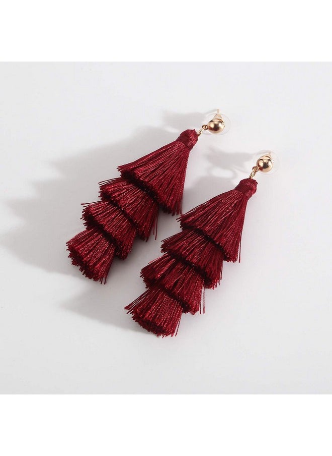 BaubleStar - Fashion Gold Maroon Tassel Dangle Earrings Layered Long Bonita Tiered Wine Burgundy Red Thread Tassel Drop Statement Jewelry For Women Girls B054Wr - Image 1