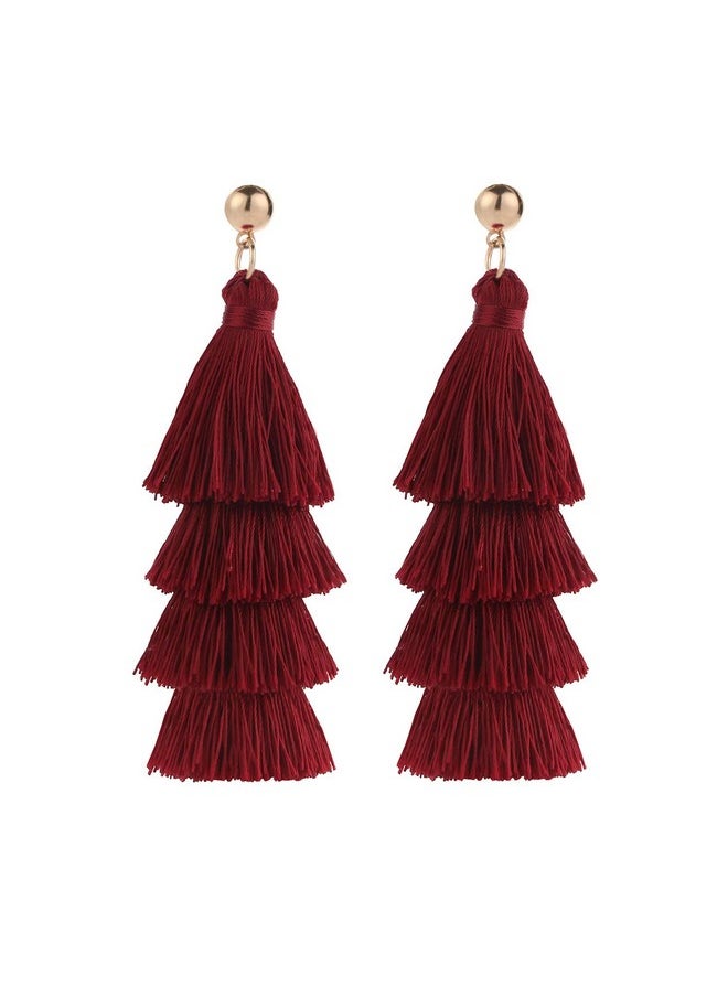 BaubleStar - Fashion Gold Maroon Tassel Dangle Earrings Layered Long Bonita Tiered Wine Burgundy Red Thread Tassel Drop Statement Jewelry For Women Girls B054Wr - Image 1