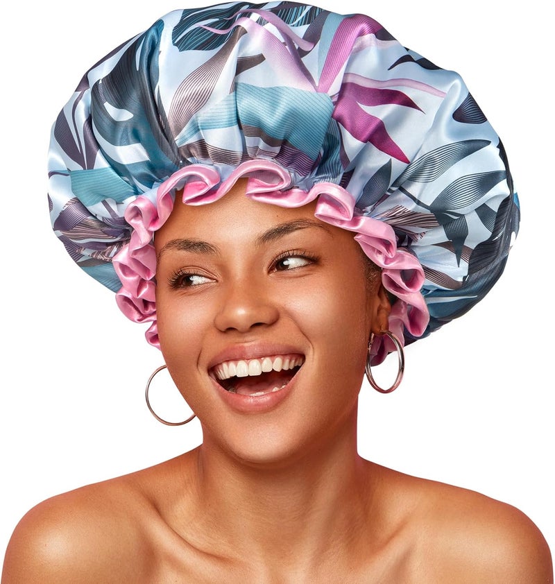 mikimini Waterproof Shower Cap for Women Reusable Shower Hat with Tropic Style Design Extra Large Shower Caps for Ladies with Elastic Bands for Long Thick Hair