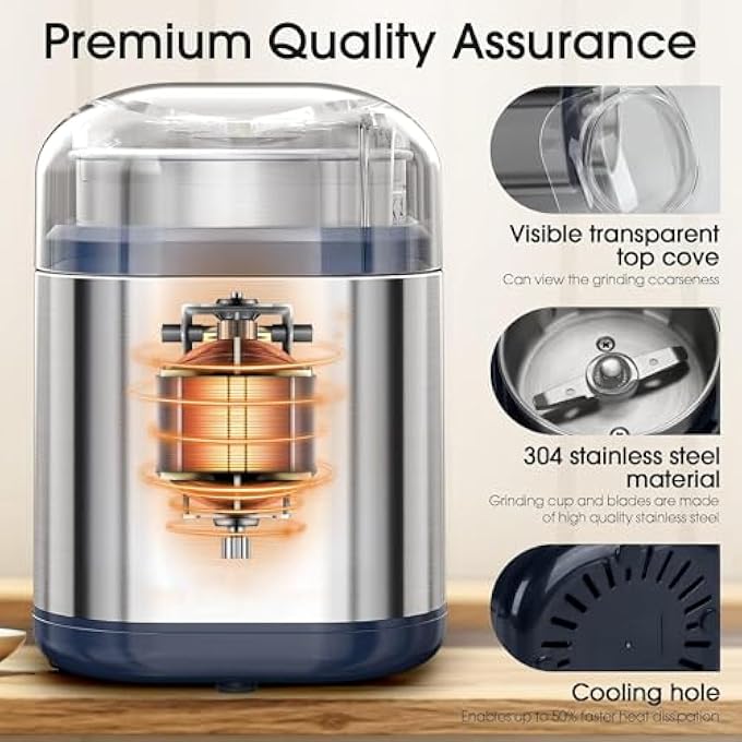 Azonee Electric Grinder Coffee Grinder Grinder Low Noise Even And Fast Grinding Stainless Steel Electric Grinder For Coffee Bean Nuts Grains Kitchen Stainless Steel 200W Coffee Grinder - Image 4