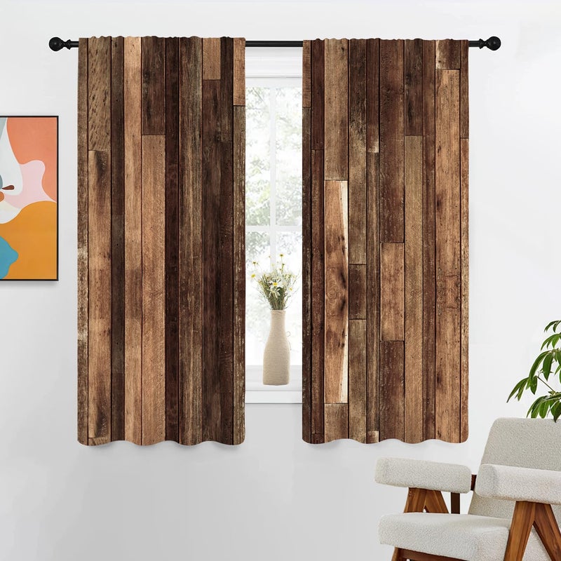 Rustic Wooden Curtains 42 W x 63 L Brown Barn Door Wood Board Western Vintage Farmhouse Country Dark Living Room Bedroom Window Drapes Treatment Fabric 1 Pair