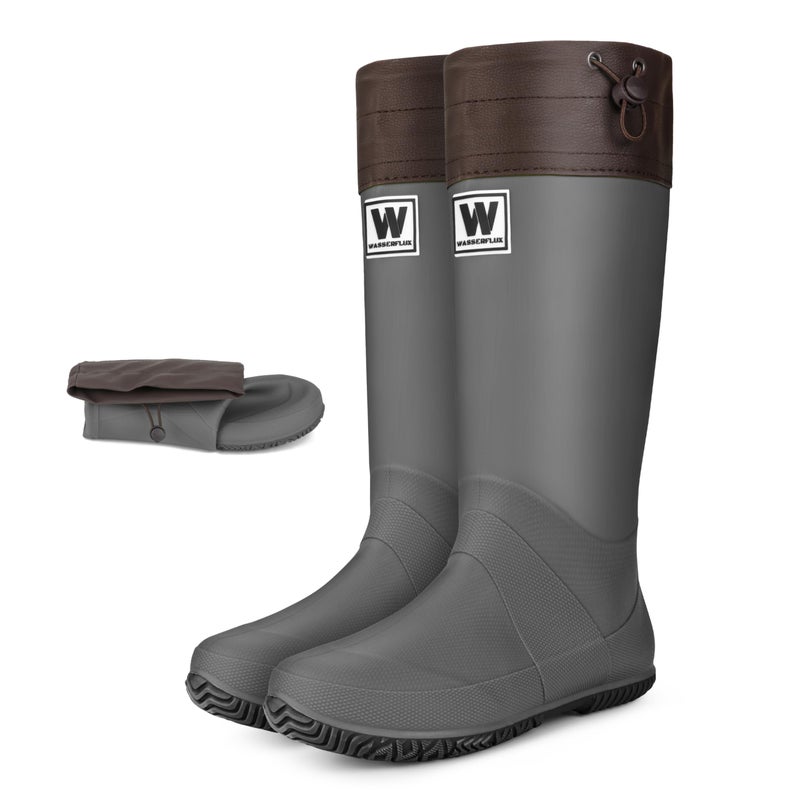 wasserflux Womenâ€™s Waterproof Mid-Calf Rain Boots â€“ Lightweight Foldable Rubber Boots with Adjustable Cuff & Anti-Slip Sole for Gardening and Outdoor Work(Grey,US 7) - Image 1