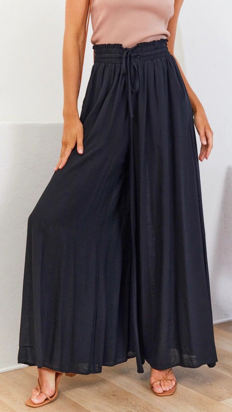 Women's High-Waist Wide-Leg Trousers with Elastic Waistband - Elegant Flowy Pants for Summer