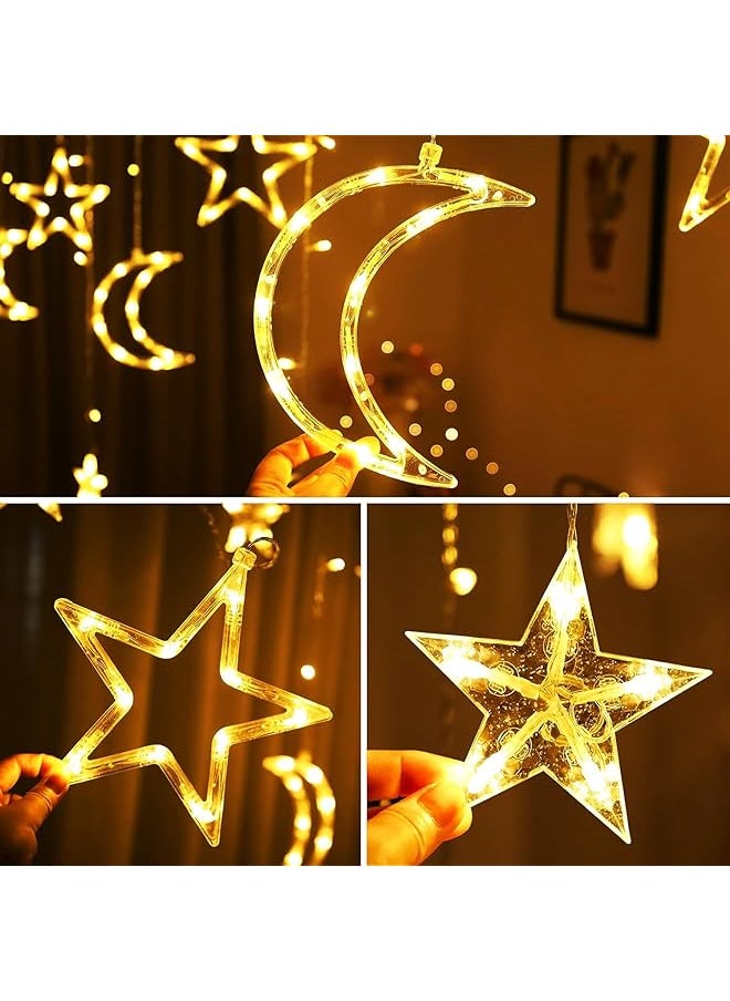 Pomefar - Ramadan Decorations For Home Star Moon Lights Outdoor Ramadan Lights 8 Modes Waterproof Star Moon Curtain Lights Window Fairy Lights For Backyard Garden Patio Home Ramadan Decor Style1 - Image 1