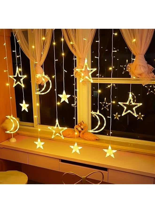 Pomefar - Ramadan Decorations For Home Star Moon Lights Outdoor Ramadan Lights 8 Modes Waterproof Star Moon Curtain Lights Window Fairy Lights For Backyard Garden Patio Home Ramadan Decor Style1 - Image 1