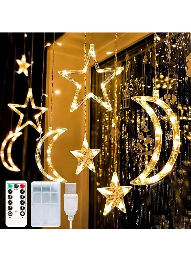 Pomefar - Ramadan Decorations For Home Star Moon Lights Outdoor Ramadan Lights 8 Modes Waterproof Star Moon Curtain Lights Window Fairy Lights For Backyard Garden Patio Home Ramadan Decor Style1 - Image 1