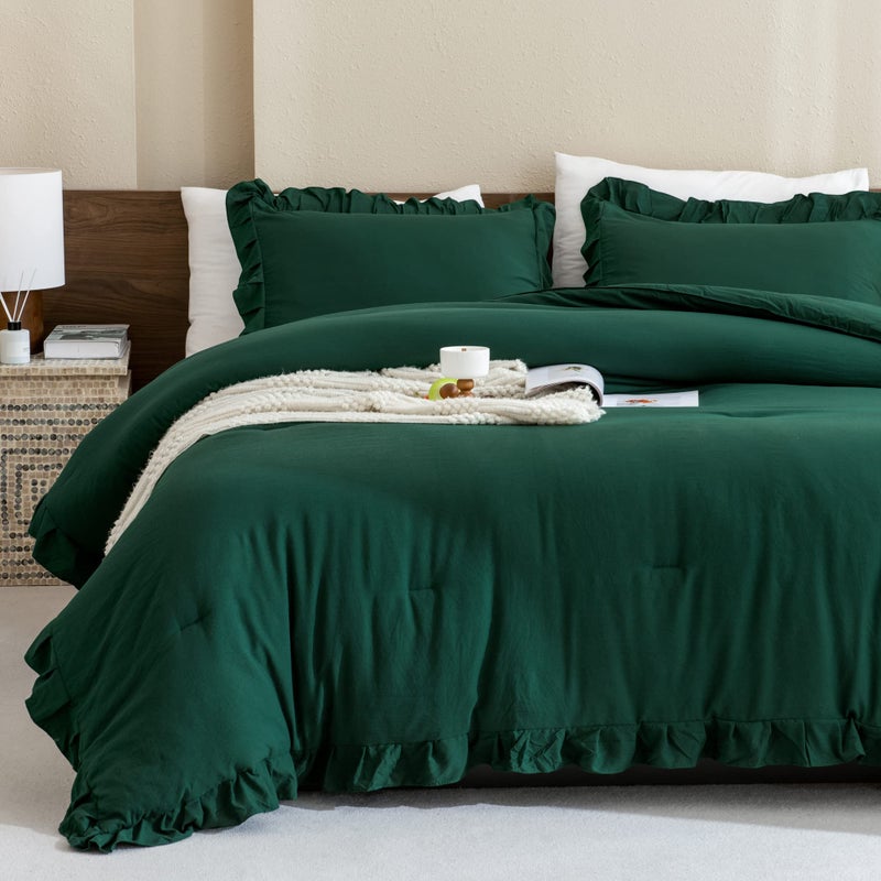Andency Full Comforter Set Dark Green 3 Pieces Ruffle Bedding Set Vintage Farmhouse Lightweight and Soft Bedding Comforter for All Seasons