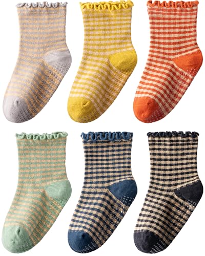 HONGTEYA 6 Pairs Toddler Ruffle Socks for Girls Non Slip Baby Socks with Grips for 1-2 Years 3-4 Years 5-6 Years Girls Boys (US, Age, 5 Years, 6 Years, Plaid 6 Pairs) - Image 1