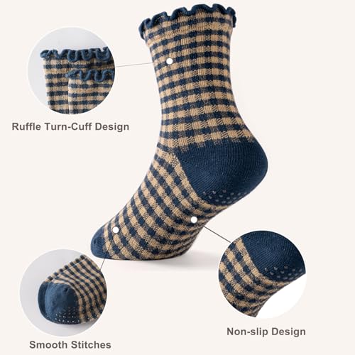 HONGTEYA 6 Pairs Toddler Ruffle Socks for Girls Non Slip Baby Socks with Grips for 1-2 Years 3-4 Years 5-6 Years Girls Boys (US, Age, 5 Years, 6 Years, Plaid 6 Pairs) - Image 4