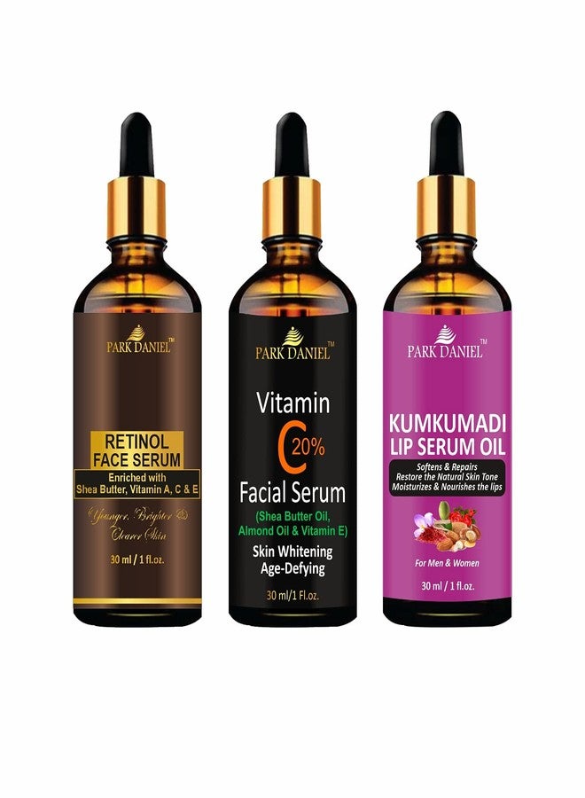 Park Daniel Premium Retinol Face Serum, Vitamin C Facial Serum & Kumkumadi Lip Serum Oil Combo Pack of 3 Bottles of 30 ml(90 ml) - Image 1