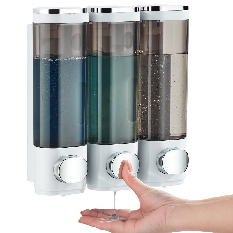 Shampoo and Conditioner Dispenser Shower Soap Dispenser 3 Chamber No Drill Shampoo Dispenser for Shower Wall Mounted Shampoo Conditioner Body Wash Dispenser for BathroomLarge CapacityWhite