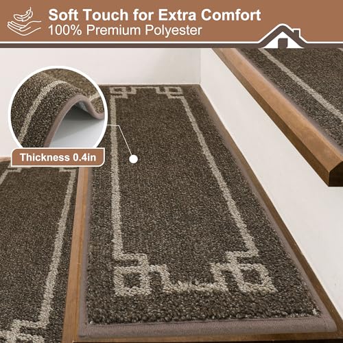 BEQHAUSE Stair Treads for Wooden Steps Non Slip Washable 15Pack Carpet Stair Treads with Reusable Residue Free Backing Soft Polyester Stair Rugs Indoor for Kids Elders and Dogs 9”x28”,Brown - Image 3