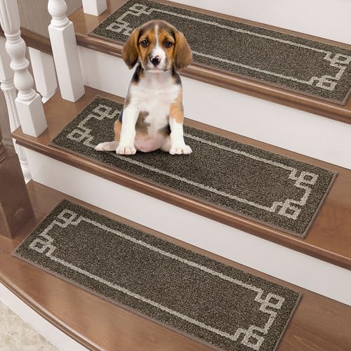 BEQHAUSE Stair Treads for Wooden Steps Non Slip Washable 15Pack Carpet Stair Treads with Reusable Residue Free Backing Soft Polyester Stair Rugs Indoor for Kids Elders and Dogs 9”x28”,Brown - Image 1