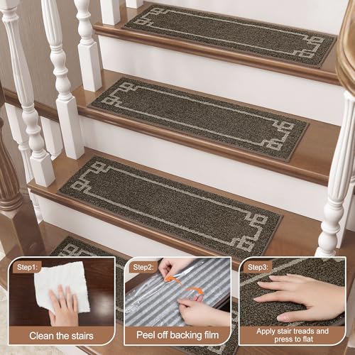 BEQHAUSE Stair Treads for Wooden Steps Non Slip Washable 15Pack Carpet Stair Treads with Reusable Residue Free Backing Soft Polyester Stair Rugs Indoor for Kids Elders and Dogs 9”x28”,Brown - Image 5