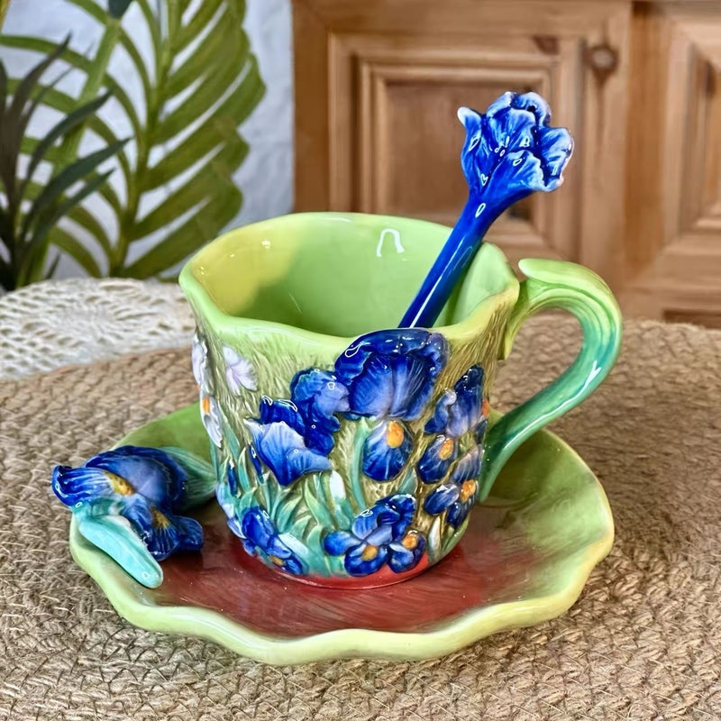 1 Set Hand Painted Ceramic Coffee Cup And Saucer Set Featuring Van Gogh Oil Paintings Includes Apricot Flower Design Starry Night Sunflowers Irises And Almond Blossoms Wavy Round Saucer And Floral Spoon - Image 5