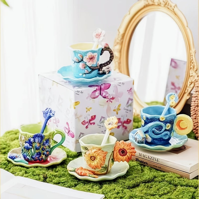 1 Set Hand Painted Ceramic Coffee Cup And Saucer Set Featuring Van Gogh Oil Paintings Includes Apricot Flower Design Starry Night Sunflowers Irises And Almond Blossoms Wavy Round Saucer And Floral Spoon - Image 2