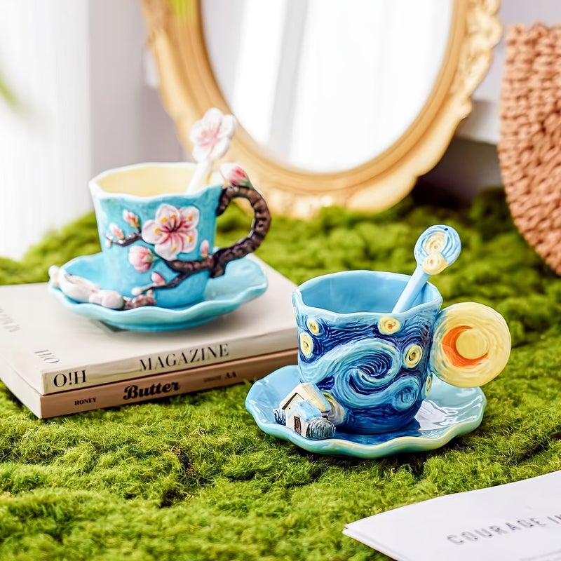1 Set Hand Painted Ceramic Coffee Cup And Saucer Set Featuring Van Gogh Oil Paintings Includes Apricot Flower Design Starry Night Sunflowers Irises And Almond Blossoms Wavy Round Saucer And Floral Spoon - Image 4