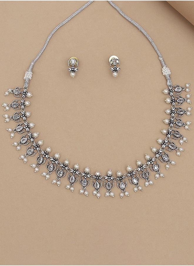 VOYLLA Apsara Faux Pearls Adorned Silver Plated Brass Jewellery Set  - Image 1