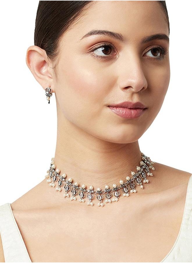 VOYLLA Apsara Faux Pearls Adorned Silver Plated Brass Jewellery Set  - Image 5