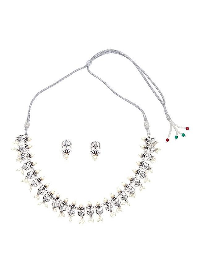 VOYLLA Apsara Faux Pearls Adorned Silver Plated Brass Jewellery Set  - Image 3