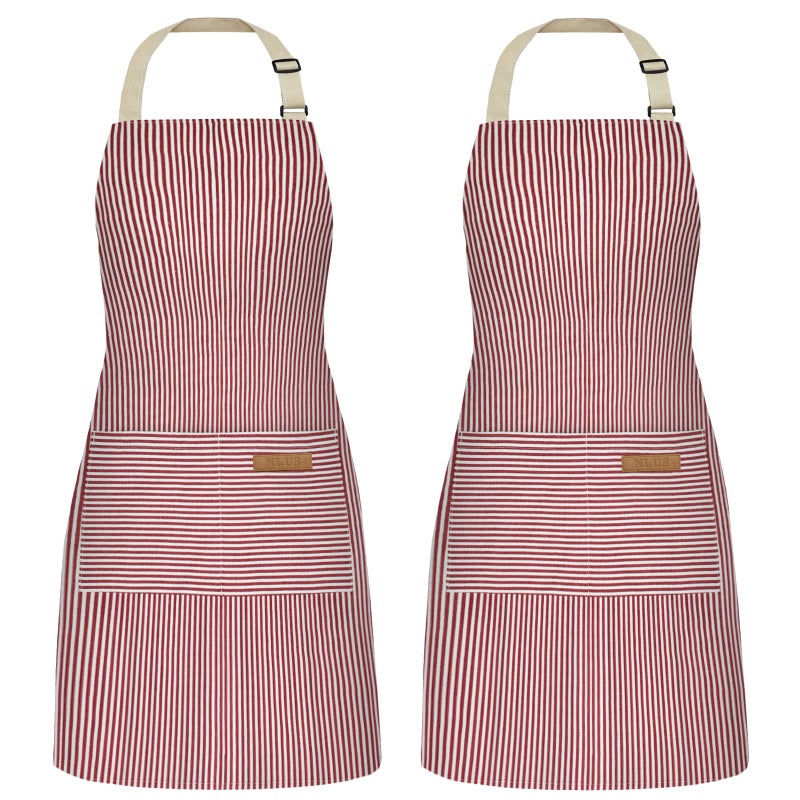 NLUS 2 Pack Cooking Aprons for Women with Pockets, Adjustable Kitchen Bib Aprons Chef Aprons for Women Men(Red Pinstripes) - Image 1