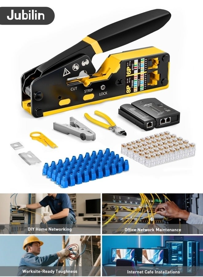 Jubilin Ethernet Crimping Tool Kit RJ45 Crimp Tools,CAT5 Cat5e Cat6 RJ45 Crimping Tool Kit With Cable Tester, Multiply Stripper, Blades,50Pcs Cat 6 Pass Through Connectors and Strain Relief Boots  - Image 1