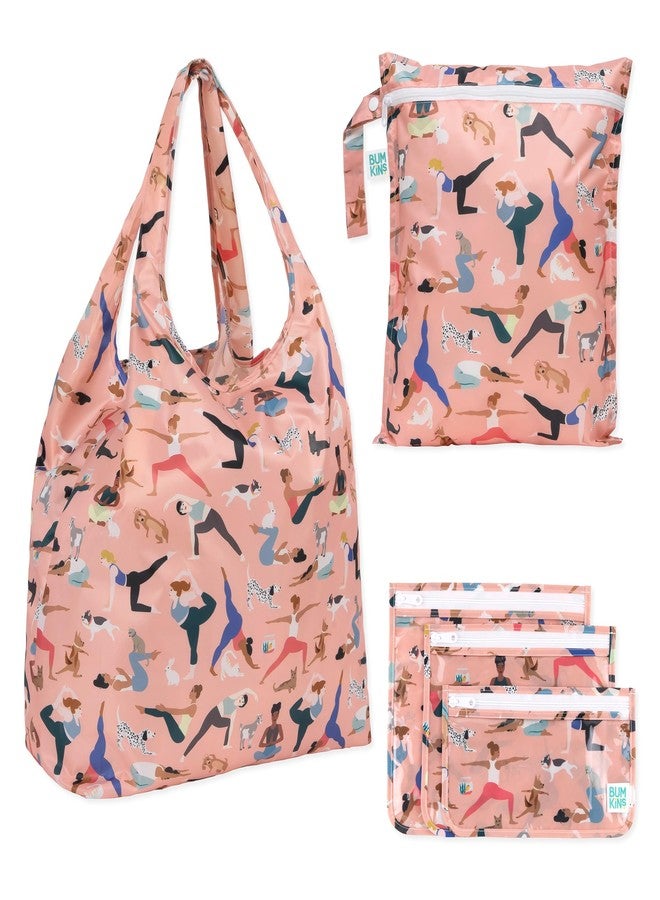 Bumkins Waterproof Wet Bag, TSA Approved Packing Pouches, Reusable Grocery Shopping Tote, Travel, Beach, Pool, Gym Clothes, Swimsuit, Cloth Diaper, Pump Parts, Toiletry, Washable, 5-pc Set Yoga Pals - Image 1