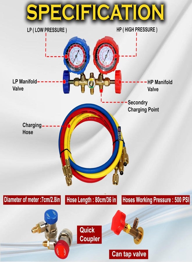 Digital Craft Manifold Gauge Set for Air Conditioning & Refrigeration - AC Service Tool Compatible with R12, R22, R404A & R134A, Includes Quick Coupler Adapters & Tap Valve - Image 4