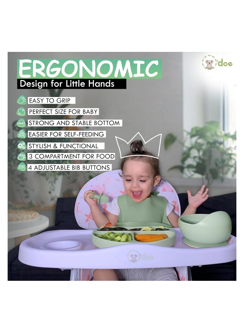 O'doe Baby Led Weaning Feeding Supplies for Toddlers, O'doe Baby Feeding Set | Suction Silicone Baby Bowl-Self Eating Utensils Set with Spoons, Bibs, Toddlers Spoon Set | Plate Kit | Set of 11 - Image 4