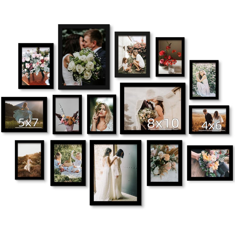 BESCRCL 15 Pack Real Glass Picture Frames Collage Wall Decor, Including 3pcs 8x10, 6pcs 5x7, 6pcs 4x6 Photo Frames for Gallery Wall or Tabletop Display, Black - Image 1