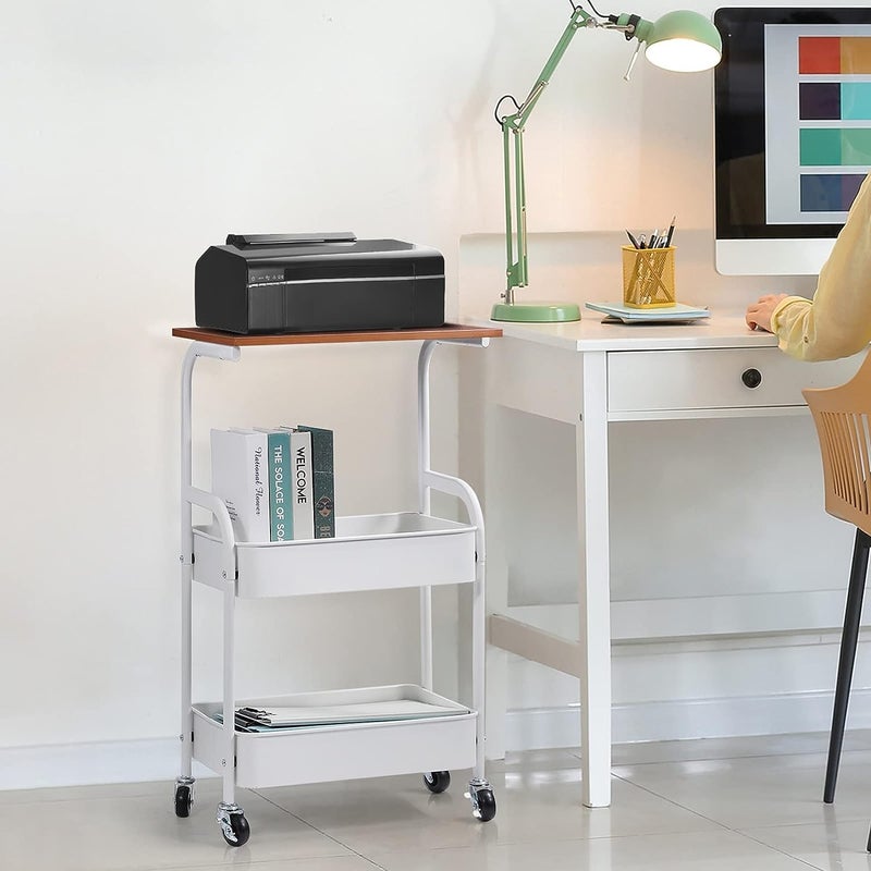 Mobile Printer Stand With Storage Shelves - 3 Tier Table on Wheels, Industrial Rolling Holder, Wood Machine Stand Rack for Fax, Home Utility Organizer - Image 3